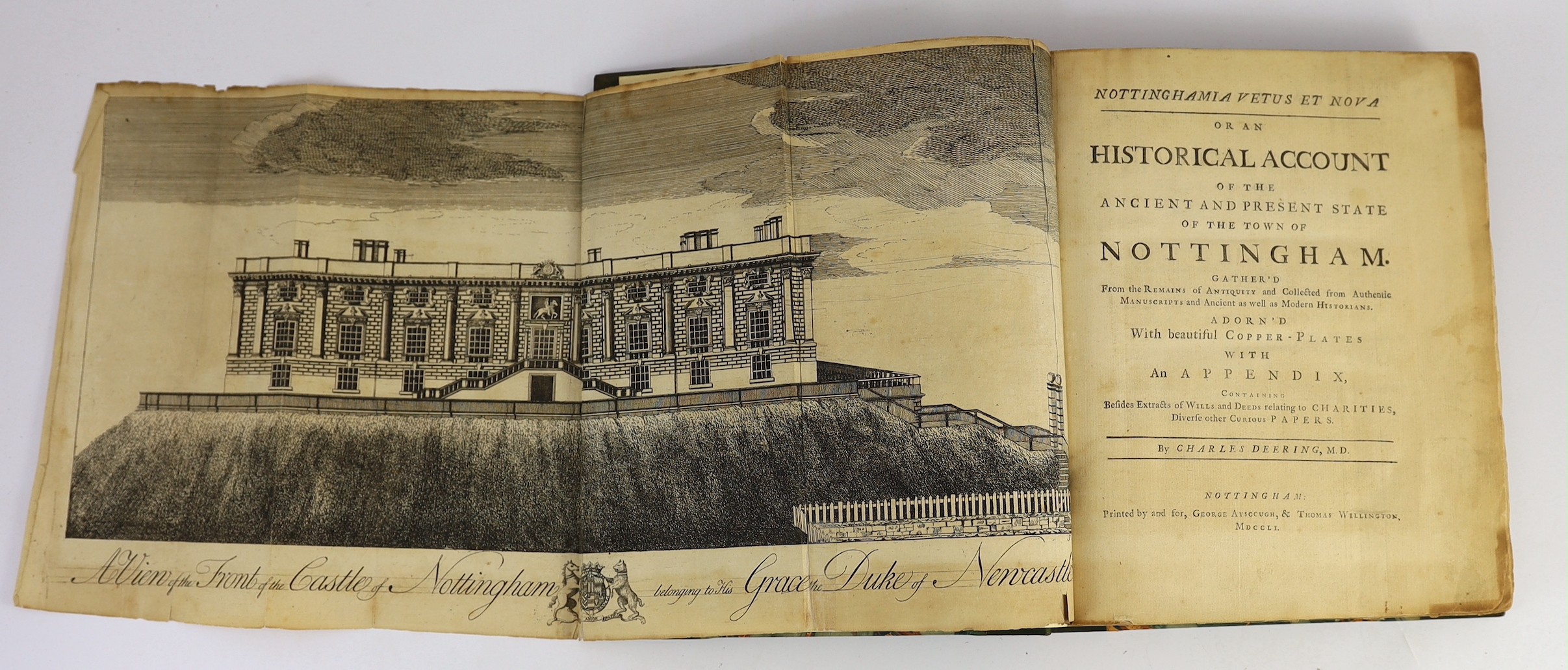 NOTTINGHAM - Deering, Charles - Nottinghamia Vetus et Nova or an Historical Account of ....the Town of Nottingham.....large folded plan and 24 plates (some folded), 3 folded tables; rebound 20th cent. half calf and marbl